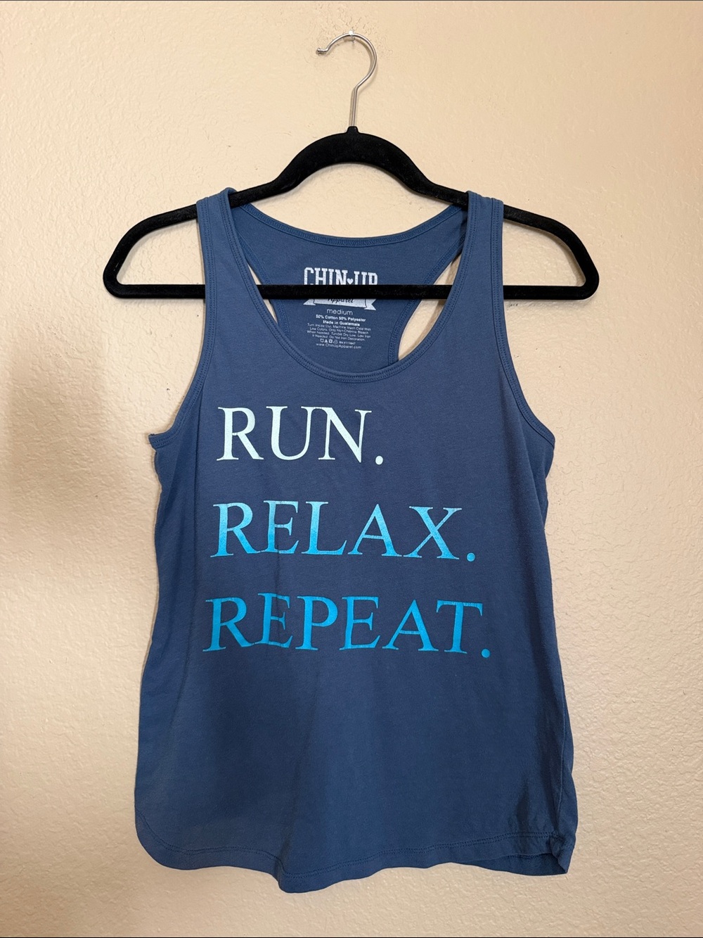 Chin Up Apparel Navy Blue 'Run. Relax. Repeat.' Racerback Tank